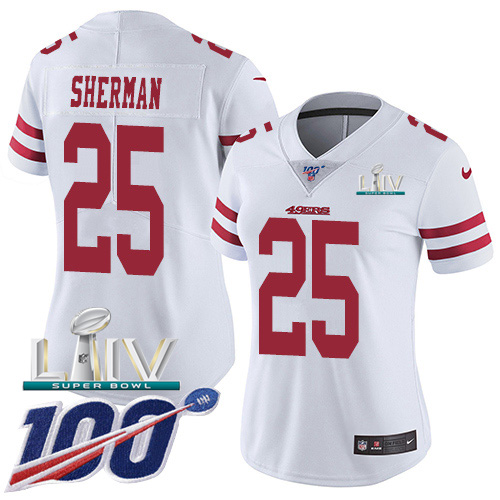 San Francisco 49ers Nike #25 Richard Sherman White Super Bowl LIV 2020 Women Stitched NFL 100th Season Vapor Limited Jersey->women nfl jersey->Women Jersey
